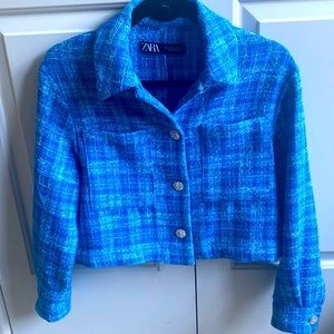 ZARA blue and white plaid cropped jacket